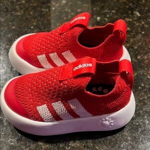 adidas Kids Red Slip-On Knit Sneakers with White Stripes